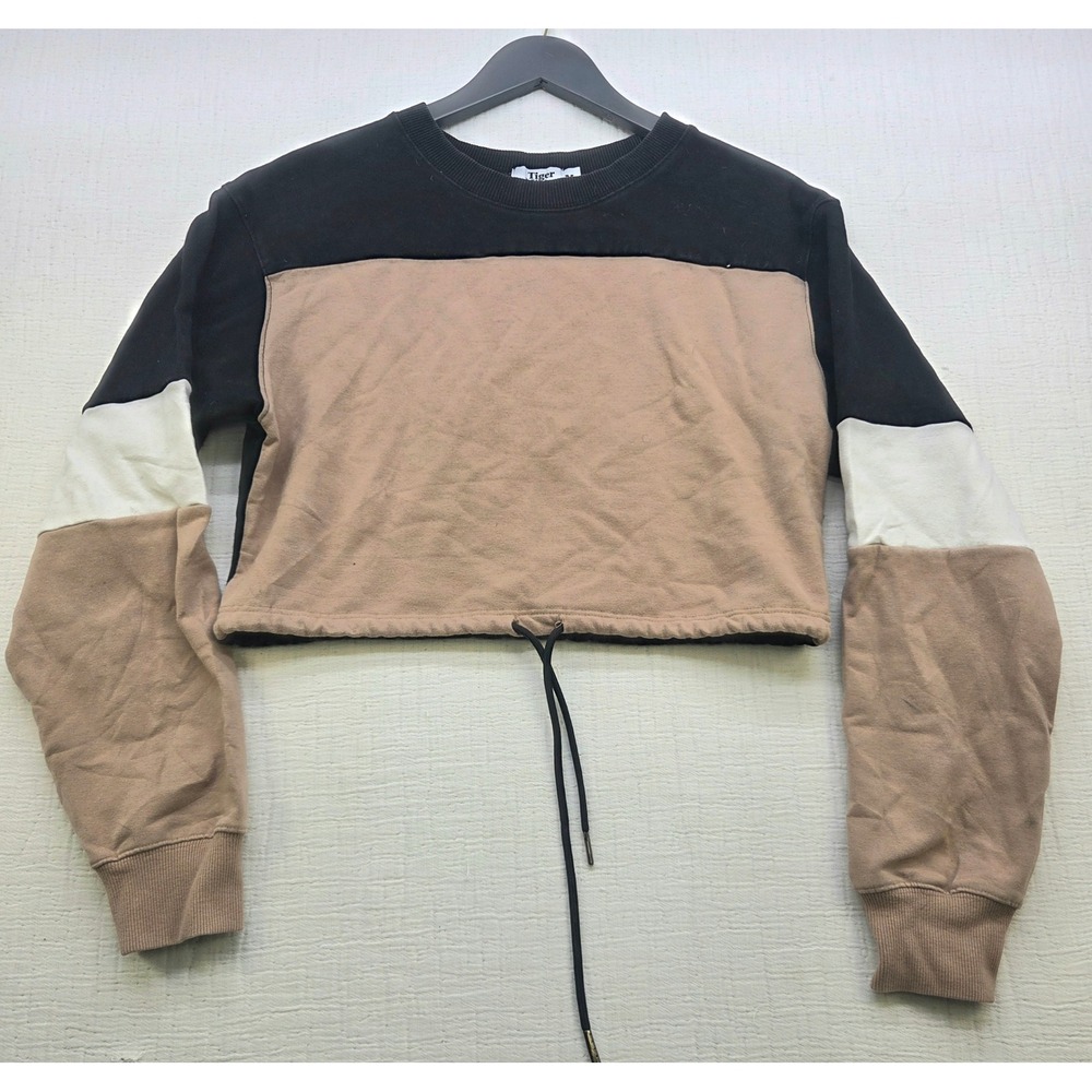 Tiger Mist Womens Cropped Colorblock Sweatshirt BlackTan White Drawstring Size M